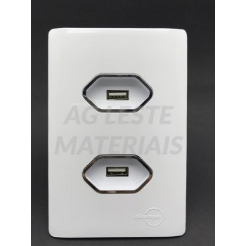 Conjunto USB Duplo 2A 4x2 - Novara Branco Brilhante Cromado